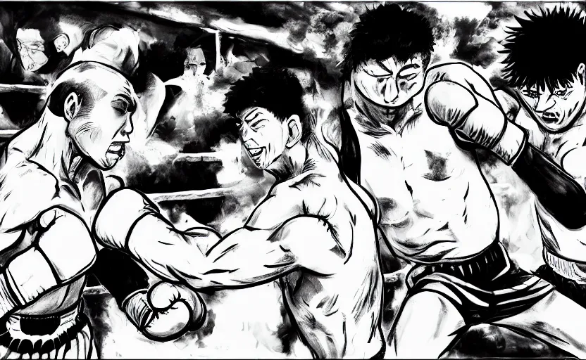 Prompt: a violent boxing match, a boxer punches a boxer in the face, anime, manga panel, masterpiece, by joji morikawa, 4 k wallpaper, bloody, sweaty, hajime no ippo manga inspired
