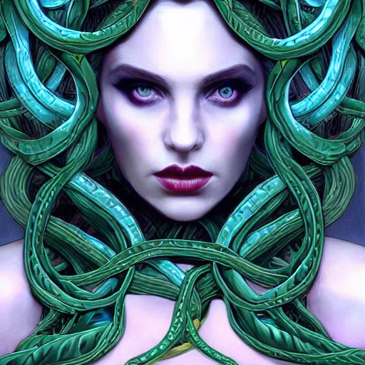 Image similar to dynamic portrait of the dark queen of snakes, realism, pale blue, emerald, sapphire, wearing a crown of vines and vipers, dark environment, digital art, dark fantasy illustration, dramatic, cgsociety, artstation