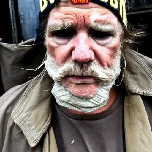 Image similar to donald trump dressed as a homeless man living in the slums