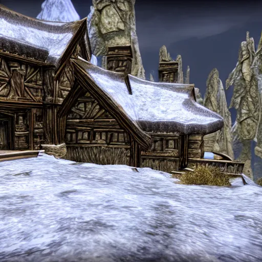 Prompt: Elder Scrolls Skyrim game screenshot of a large house shaped like a fox, made of wood