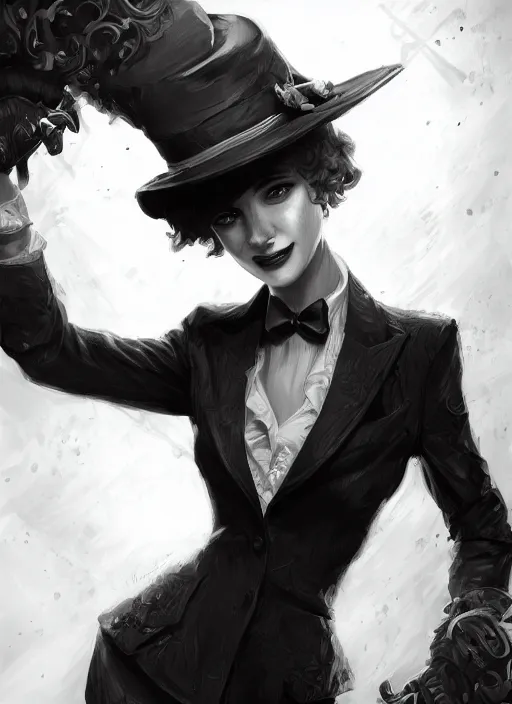 Image similar to a highly detailed illustration of curly short haired girl wearing noir hat and suit and tie, dramatic smiling pose, intricate, elegant, highly detailed, centered, digital painting, artstation, concept art, smooth, sharp focus, league of legends concept art, WLOP