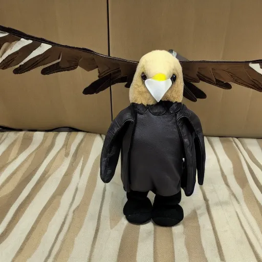 Image similar to a bald eagle wearing a leather jacket as a plush toy