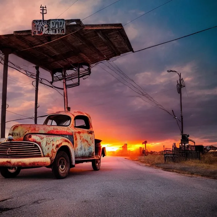 Image similar to a sunset light landscape with historical route 6 6, lots of sparkling details and sun ray ’ s, blinding backlight, smoke, volumetric lighting, colorful, octane, 3 5 mm, abandoned gas station, old rusty pickup - truck, beautiful epic colored reflections, very colorful heavenly, softlight