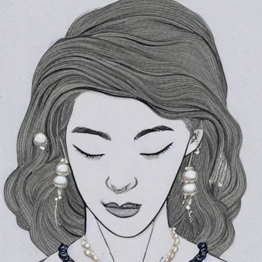 Image similar to Print. A beatiful portrait of a young woman, pictured from the shoulders up, wearing a pearl necklace and earrings. She has blonde hair that is styled in loose curls, and she is looking to the side with a soft expression. by Jillian Tamaki, by Mœbius minimalist, forbidding