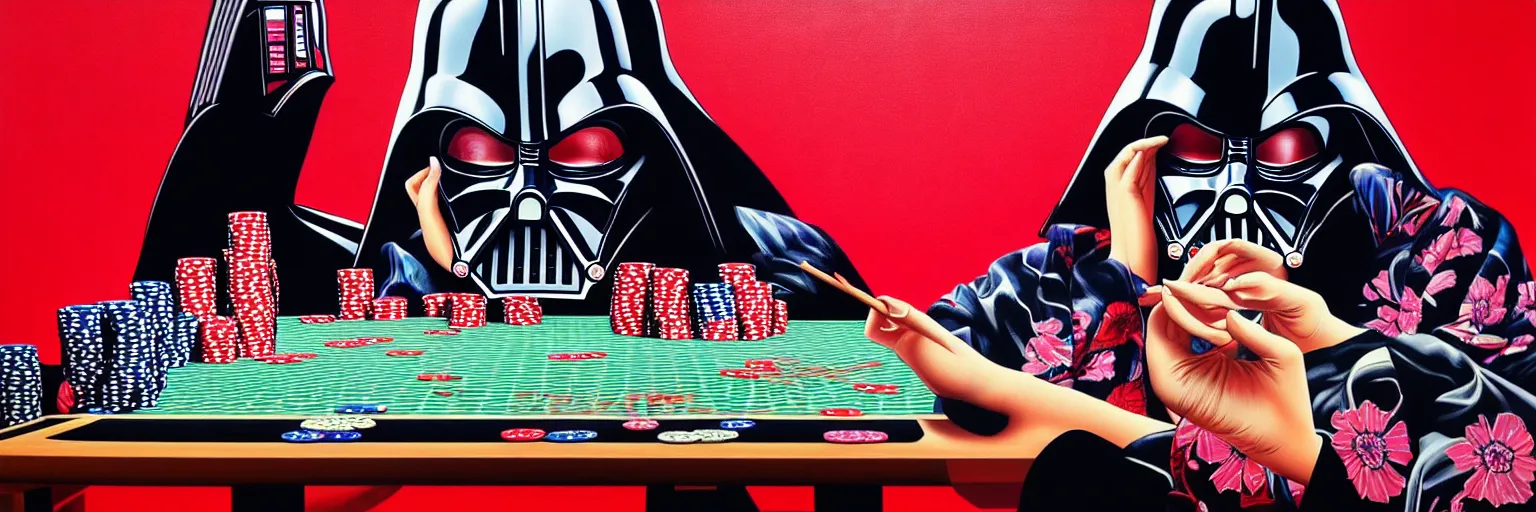 Image similar to hyperrealism composition of the detailed woman in a japanese kimono sitting at an extremely detailed poker table with darth vader, terminator, fireworks on the background, pop - art style, jacky tsai style, andy warhol style, acrylic on canvas