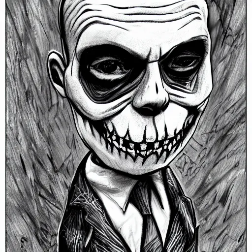 Prompt: grunge drawing of Klaus Schwab in the style of jack skellington and Jacob Shaw,creepy, surreal, trending on artstation, bold and vivid colour