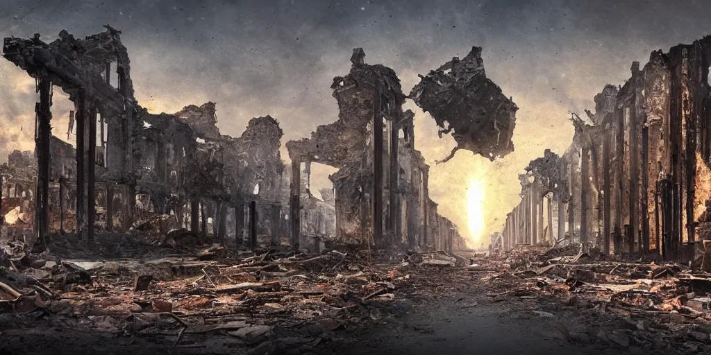 Prompt: The ruined world after the destruction, with hope and a lighting road
