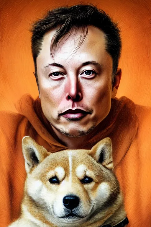 Image similar to photorealistic portrait photograph of elon musk with a shiba inu dog, handsome, depth of field, soft focus, highly detailed, intricate, realistic, national geographic cover, soft glow, textured, artstation, concept art, sharp focus, illustration, art by artgerm and greg rutkowski and alphonse mucha