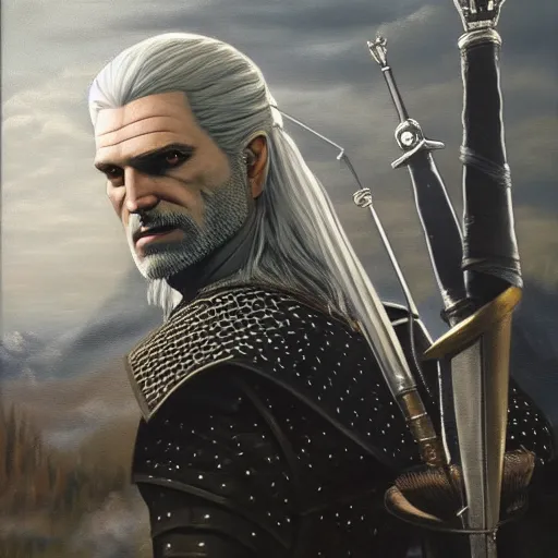 Prompt: a portrait of witcher, geralt of rivia with mordor in the background painting by elisabeth jerichau - baumann. painting, oil on canvas, horizontally symmetric