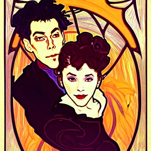 Image similar to painting of handsome young beautiful jeff and gorgeous rina together at the jack o'lantern halloween party, elegant, clear, painting, stylized, art, art by alphonse mucha, vincent van gogh, egon schiele,