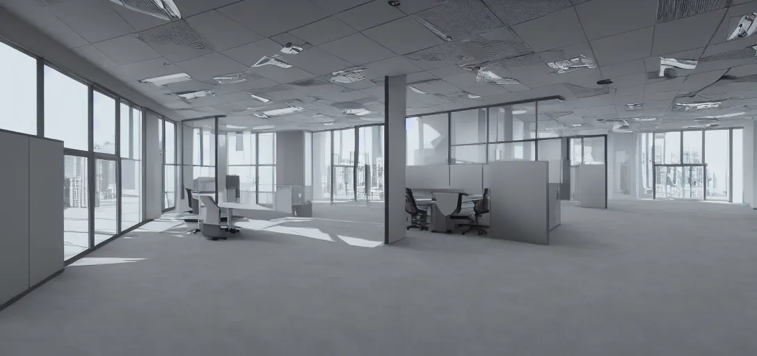 Image similar to empty office in the middle of nowhere, bright, 8 k photorealistic, hd, high details, trending on artstation