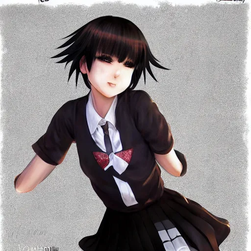 Image similar to luxury advertisement, astonishing portrait of a very beautiful anime schoolgirl with black bob hair, full perfect face, she is dancing. Realistic, highly detailed background, artstation, 120 degree view, drawn by Sasoura, Satchely and Akihiko Yoshida, no distortion