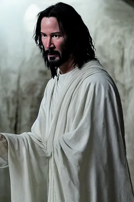 Prompt: Keanu Reeves as Jesus Christ for an upcoming movie directed by Christopher Nolan, detailed face, good lighting, promo shoot, studio lighting