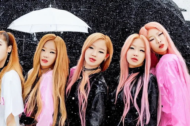 Prompt: a portrait of 4 (((((blackpink singers))))) posing in the rain