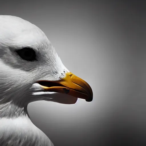 Image similar to an angry seagull typing at a computer in it's bedroom, close up, studio portrait