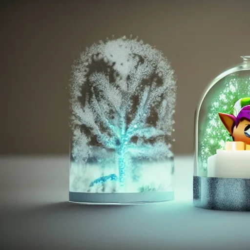 Image similar to Snow globe, candles, Gustav Klutsis, octane render, Fallout, Pietro Fragiacomo, Legend of Zelda, mist, snow, pine tree, Aloe vera, swamp, dollar bill, shed