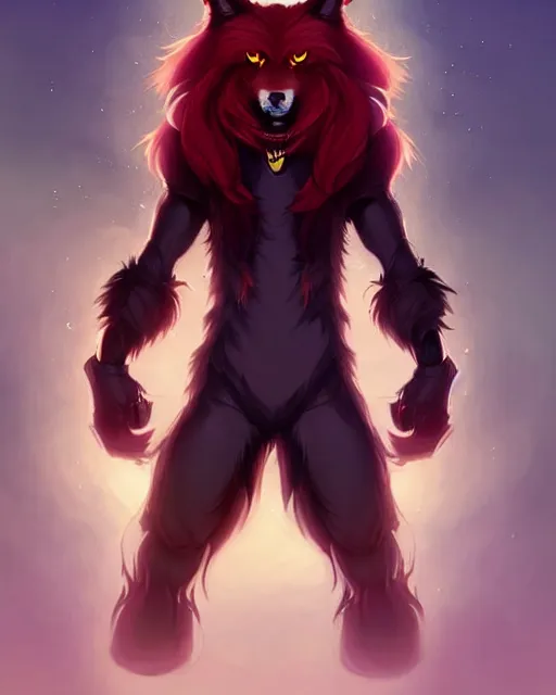 Prompt: character concept art of a black anthropomorphic furry male wolf with long red hair, futuristic | | cute - fine - face, pretty face, key visual, realistic shaded perfect face, fine details by stanley artgerm lau, wlop, rossdraws, james jean, andrei riabovitchev, marc simonetti, and sakimichan, artstation