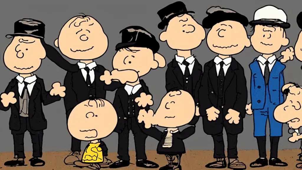 Image similar to peanuts heads dressed like the peaky blinders