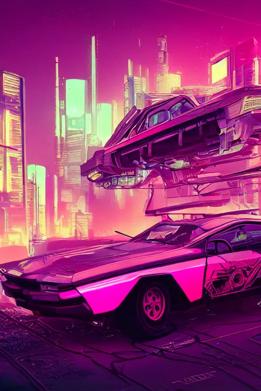 Prompt: cyberpunk synthwave an old car in the soviet yard, intricate, elegant, concept art, smooth, sharp, focus, pink neon lights, futuristic, cgsociety, in the style of artstation
