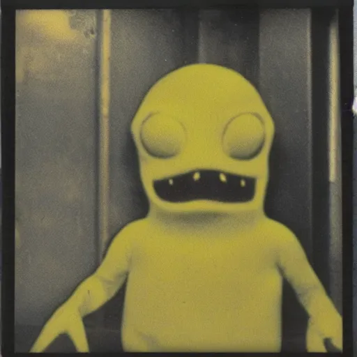 Image similar to found polaroid photo, flash, interior abandoned fast food place, evil mutant gelatinous creature standing