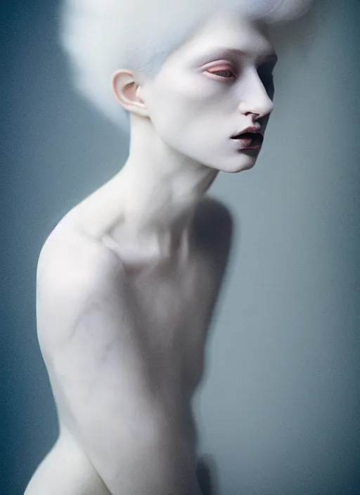 Prompt: cinestill 5 0 d photo portrait of a beautiful hybrid with woman face in style of paolo roversi by roberto ferri, weird marble body, white hair floating in air, 1 5 0 mm lens, f 1. 2, ethereal, emotionally evoking, head in focus, bokeh, volumetric lighting, matt colors outdoor