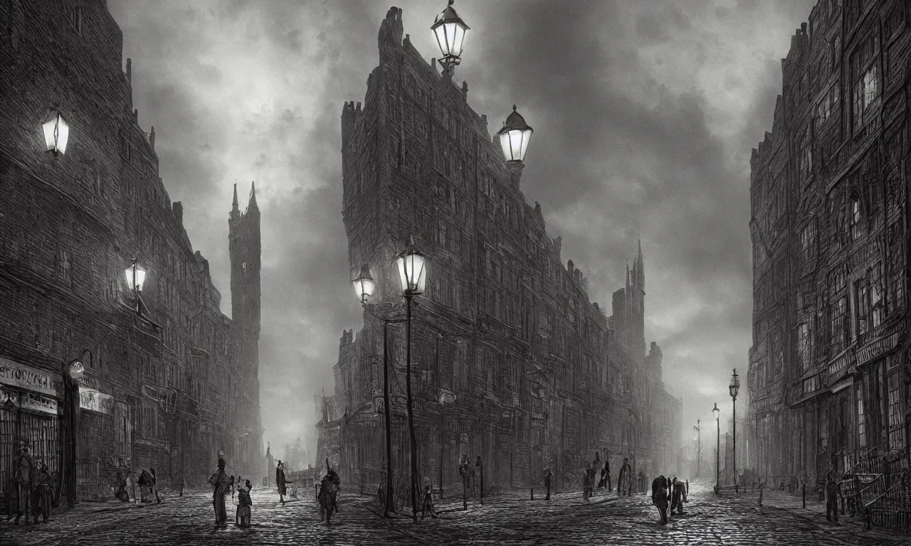 Prompt: a street of 19th century london at night, lamps illuminating the street, in the style of Bloodborne