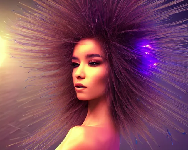 Image similar to cyberhair, complex cyberneticbeings, beautiful hairy cyberhumanoids, cybermagnetosphere, cybernetic ornate hair, love, joy, vortexes, large cyberarrays data holograms, 8 k, ultra hd, light shadows, wet hdr refractions, *, * * *, * * * * *