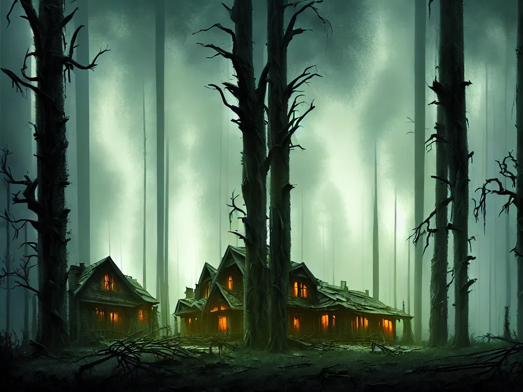 Image similar to A haunted house in the forest with broken trees around it, dramatic lighting, cinematic, establishing shot, high detail, cinematic lighting, post processed, 8k, concept art, artstation, matte painting, in the style of eddie mendoza, raphael lacoste, alex ross