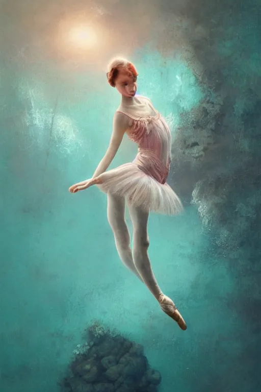 Image similar to ballerina alone at the bottom of the great barrier reef by jaques cousteau, perfect face, smooth, focus, highly detailed, hyper realistic, intricate, concept art, art by wlop