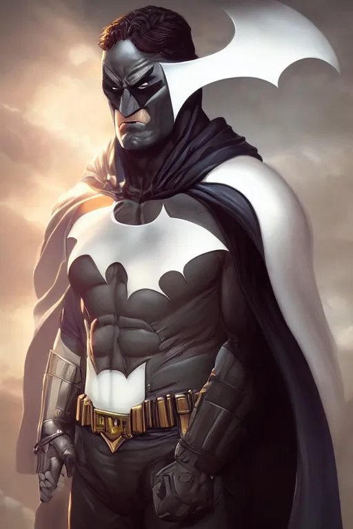 Image similar to characters portrait of MoonKnight mixed with Batman by ArtGerm and Tom Bagshaw, merged character, Full body shot, cinematic opening shot, 4k, highly detailed, cinematic lighting