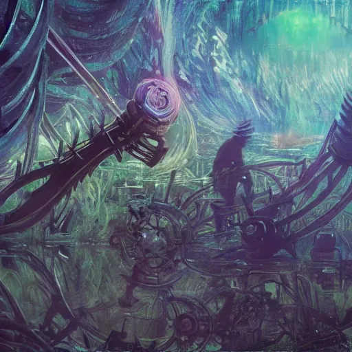 Prompt: Mechanical gear,Thorns twining,out of time and space,dreamy, eternity, romantic, epic, artstation, highly detailed, in the style of Monet