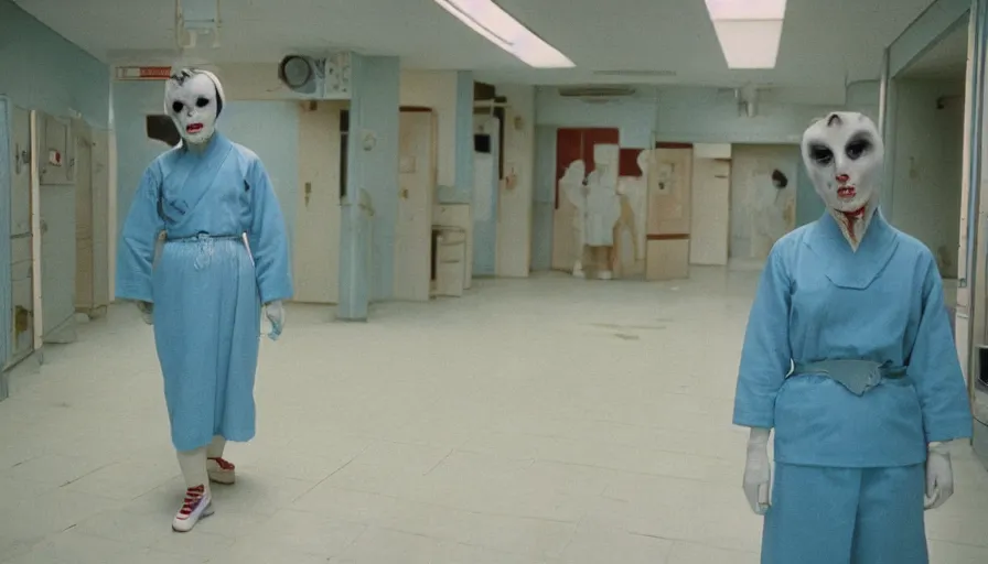 Prompt: 60s movie still of a white japanese female phantom with bloody jaw in an empty soviet stalinist style hospital with yellow tiles floor with light blue beds, cinestill 800t 35mm technicolor, heavy grain, high quality, higly detailed, liminal space