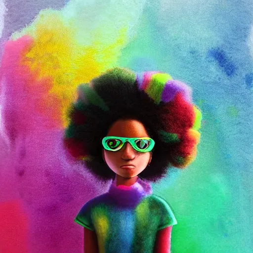 Prompt: a black girl with a colorful afro and rainbow eyes, dressed like a superhero in the city, bokeh, bright colours, watercolor, volumetric wool felting, macro photography, children illustration, by goro fujita