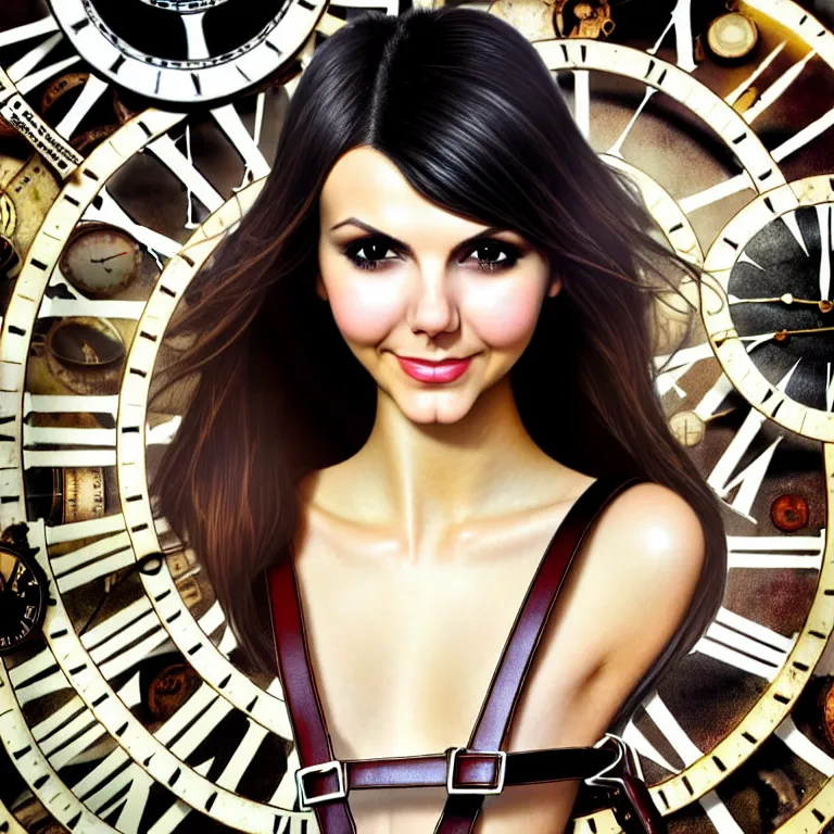 Image similar to bemused to be locked in a leather neck restraint Victoria Justice in a full frame zoom up of her face and neck looking upwards in a room of old ticking clocks, 16K resolution, complex artistic color ink pen sketch illustration, full detail, gentle shadowing, fully immersive reflections and particle effects, concept art by Artgerm, art by Range Murata, art by Studio Ghibli