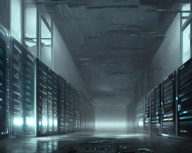 Prompt: gloomy ruined server room in datacenter painting concept art of robodog colossus, sharp focus, emitting diodes, smoke, artillery, pacing, computers, racks, motherboard, by pascal blanche rutkowski artstation cinematic, dramatic, detailed matte painting, 4 k resolution
