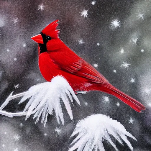 Prompt: cute fluffy red cardinal bird sitting on snowy winter branch detailed painting 4k