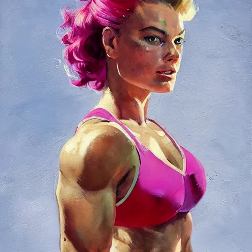 Image similar to greg manchess portrait of margot robbie as thick very muscular weightlifter zarya from overwatch with ponytail and curly pink hair, medium shot, asymmetrical, profile picture, organic painting, sunny day, matte painting, bold shapes, hard edges, street art, trending on artstation, by huang guangjian and gil elvgren and sachin teng