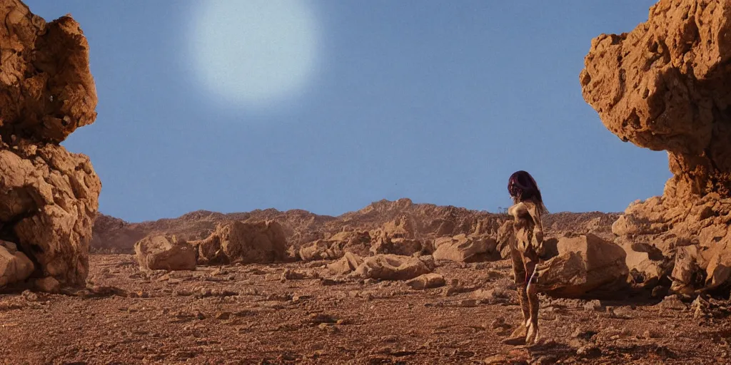 Prompt: levitating ghost veiled silhouette with full - face golden bright glowing reflective mask in a dry rocky desert landscape with abandoned city beneath the sand, visible sky and sunny atmosphere, floating rocks, flying rocks and fata morgana and giant mirrors by alejandro jodorowsky, anamorphic lens, kodakchrome, practical effects, masterpiece, 8 k