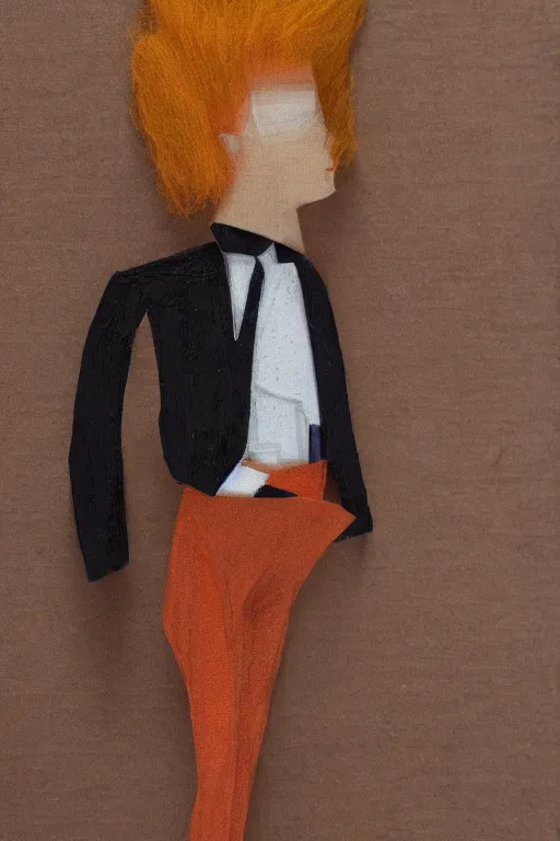 Prompt: a scene depicting a orange haired elegant character wearing a voluminous suit made from linen and transparent plastic, acrylic, super detailed, soft light