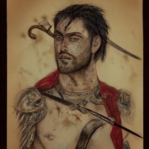 Image similar to self portrait, handsome man with battle scar on his chest holding his sword on his shoulder, pencil art, detailed, handsome, colored, bloody