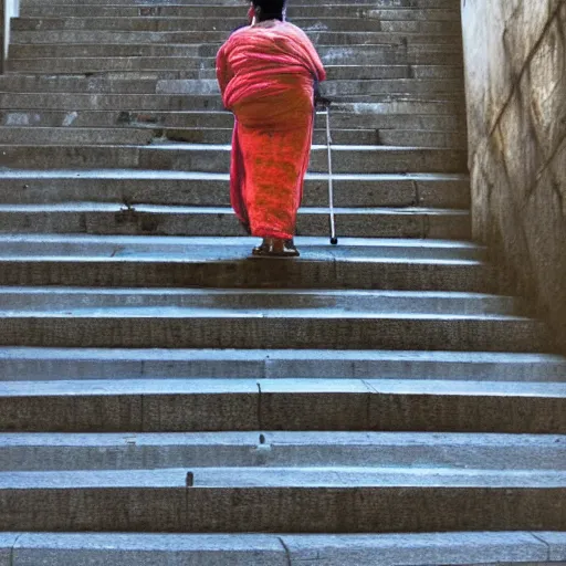 Image similar to a fat Indian woman holding a rollator on steps in Porto, greg rutkowski