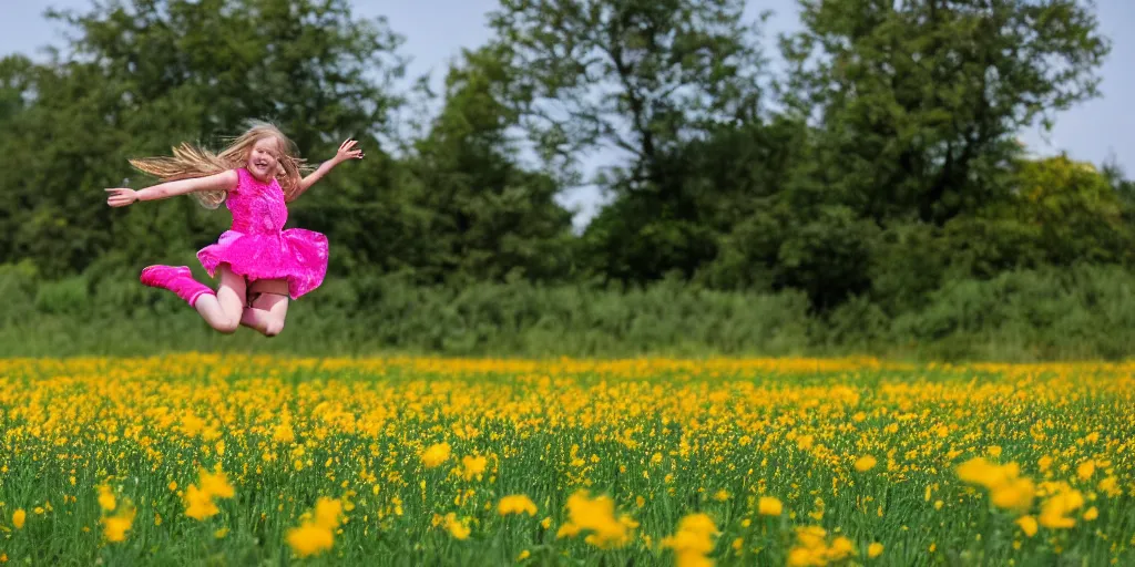 Prompt: girl jumping through a field of bright flowers