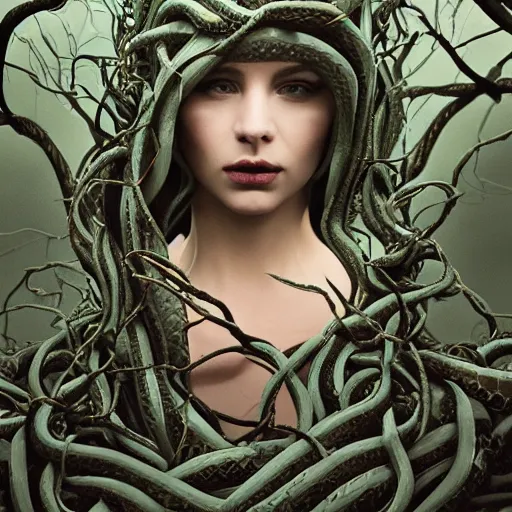 Prompt: dark queen of snakes, crown of snakes, blue skin, realism, dark fantasy, surrounded by thorned vines, octane render, artstation