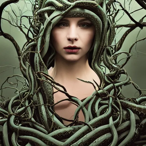 Image similar to dark queen of snakes, crown of snakes, blue skin, realism, dark fantasy, surrounded by thorned vines, octane render, artstation