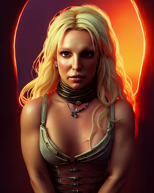 Image similar to highly detailed portrait of britney spears in the witcher, stephen bliss, unreal engine, greg rutkowski, loish, rhads, beeple, makoto shinkai and lois van baarle, ilya kuvshinov, rossdraws, tom bagshaw, alphonse mucha, global illumination, god rays, detailed and intricate environment