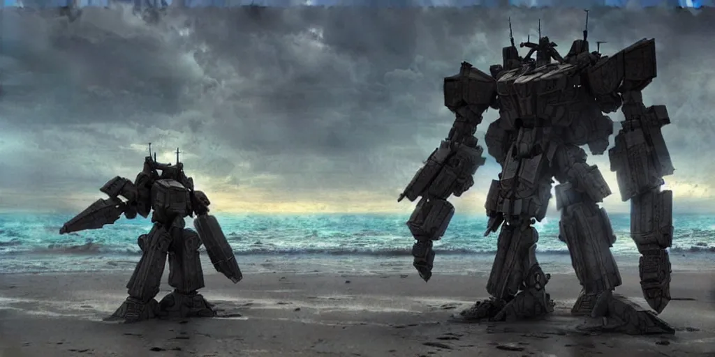 Image similar to an armored core in the beach, clouds, daylight ; detailed illustrations, pastel tones, deep colors, clear lines, by jordan grimme, greg rutkowski