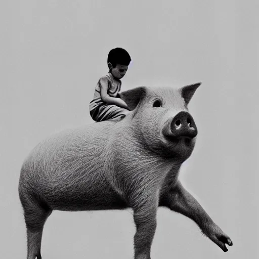 Image similar to illustration of boy riding pig, black and white, cinestill, 800t, 35mm, full-HD