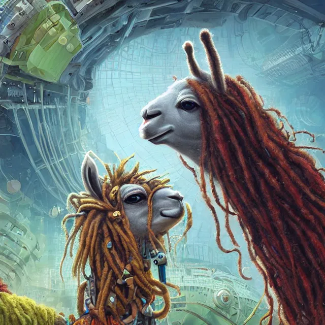 Image similar to llama with dreadlocks, industrial scifi, by mandy jurgens, ernst haeckel, anton fadeev, james jean