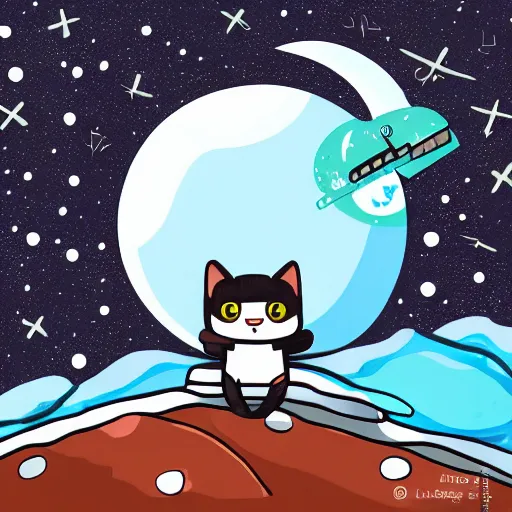 Prompt: ln illustration cat wearing astronaut suit on the moon planet earth in the background sigma 1 4 mm f / 1. 8 astroied belt