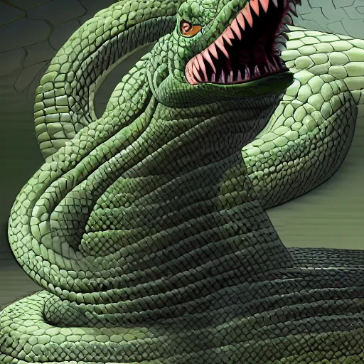 Image similar to long green serpent reptile combined with Solid Snake